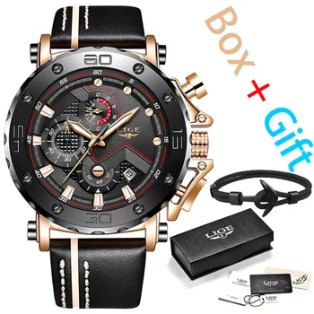 

LIGE Top Brand Luxury Quartz Watch Men Sport Waterproof Black Leather Strap Chronograph Black Dial Golden pointer zegarek meski