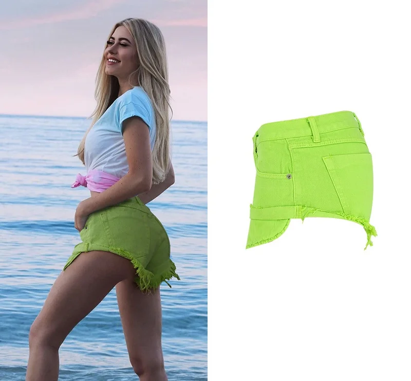SupSindy Women Short Jeans Mustard green low Waist cotton irregular sexy tassel Denim Short Wild Slim Casual Short Jeans female