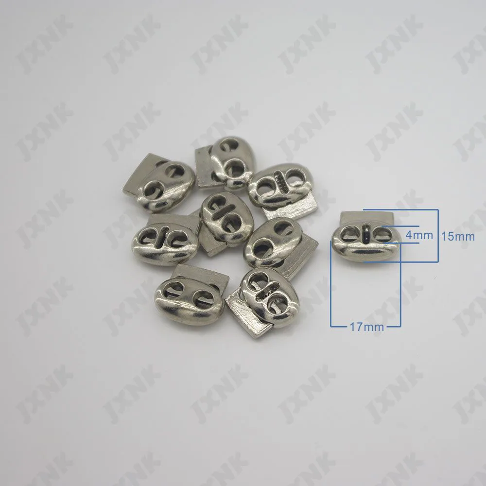 

10pcs/lot small 4mm hole oval metal alloy stoppers toggle cord locks Drawstring lock with two holes silver / black 6 Colors 17m