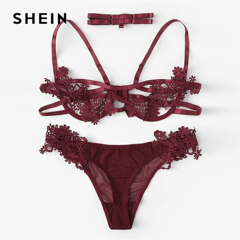 SHEIN бордовый сексуальный кружевной комплект нижнего белья с аппликацией и колье, летний женский беспроводной бюстгальтер и трусики, нижнее белье, комплекты нижнего белья