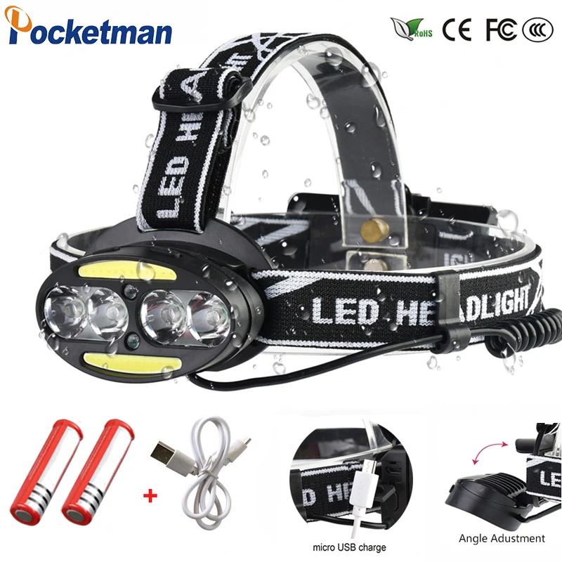 Супер мощный налобный фонарь 4 * XM L T6 + 2 cob красный светодиодный фонарик Фонарь с