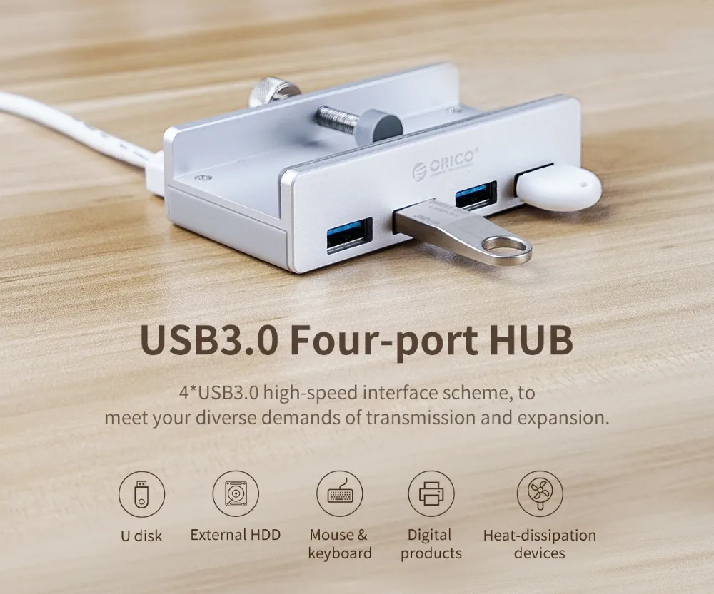 ORICO 4 порта USB разветвитель USB3.0 концентратор с USB портом питания зажим-Тип алюминиевый 5 Гбит/с для чтения карт ПК компьютер ноутбук