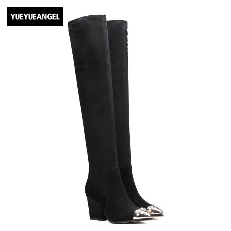 

New Elegant Ladies Bead Pointed Toe Over The Knee Boots Suede Leather Stretchy Party Footwear Women Sexy Night Club Knight Boots