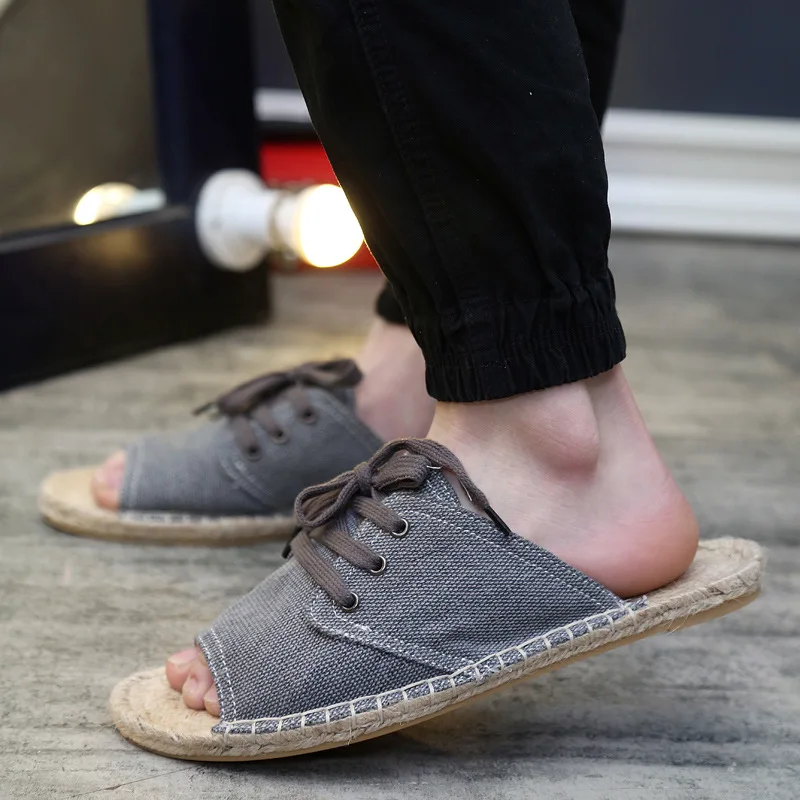 

New hemp men's shoes linen canvas sandals 2019 summer breathable sets of foot casual shoes solid color canvas sandals