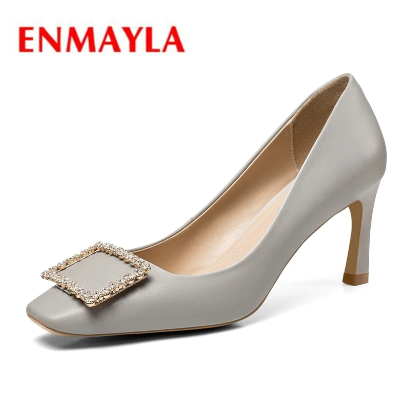 

ENMAYLA Genuine Leather Square Toe Casual Slip-On Thin Heels Ladies Shoes Shoes Woman Size34-39 ZYL2149