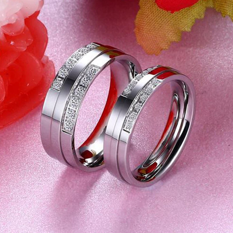 Лидер продаж серебро Цвет кольцо альянса для женщин и мужчин качество Нержавеющая сталь Пара Кольца обручальные кольца с кубическим цирконием, кольцо