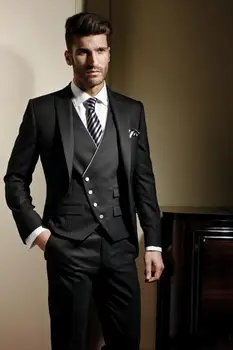 

(Jacket+Pants+Tie+Vest)2019 Custom Slim Fit One Button Black Groom Tuxedos Peak Lapel Groomsmen Wedding Suits For Men tuxedo