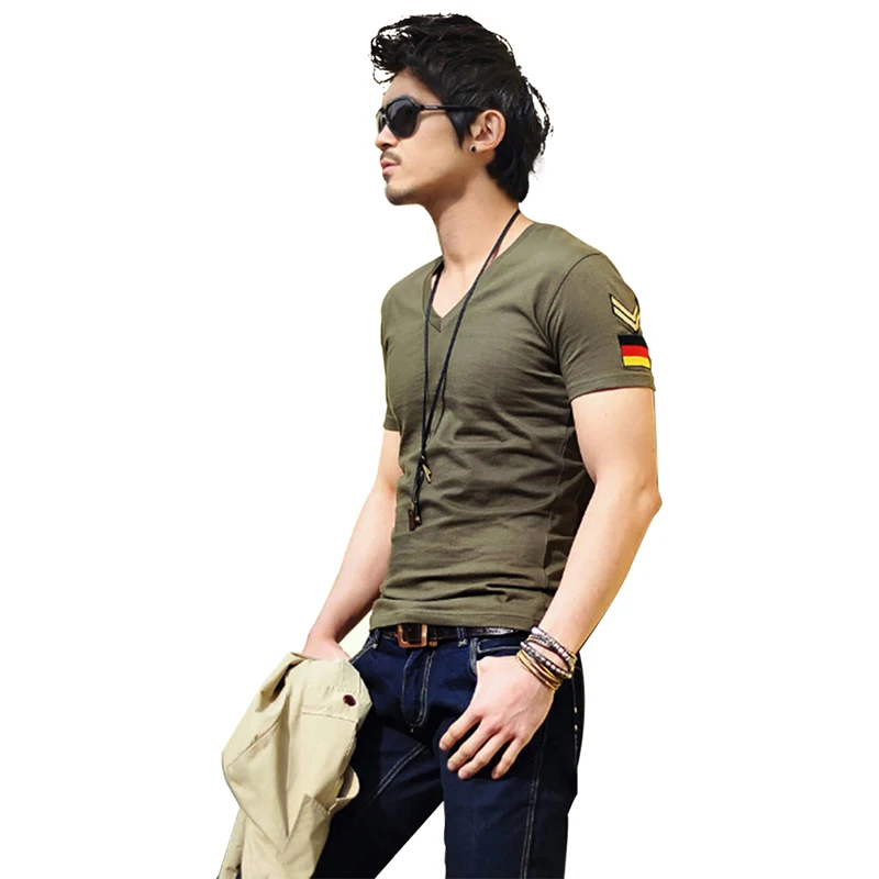 

Solid Color Casual T-Shirt Men's V Neck Summer T- Shirt Tops Tee Shirt Slim Fit Short Sleeve
