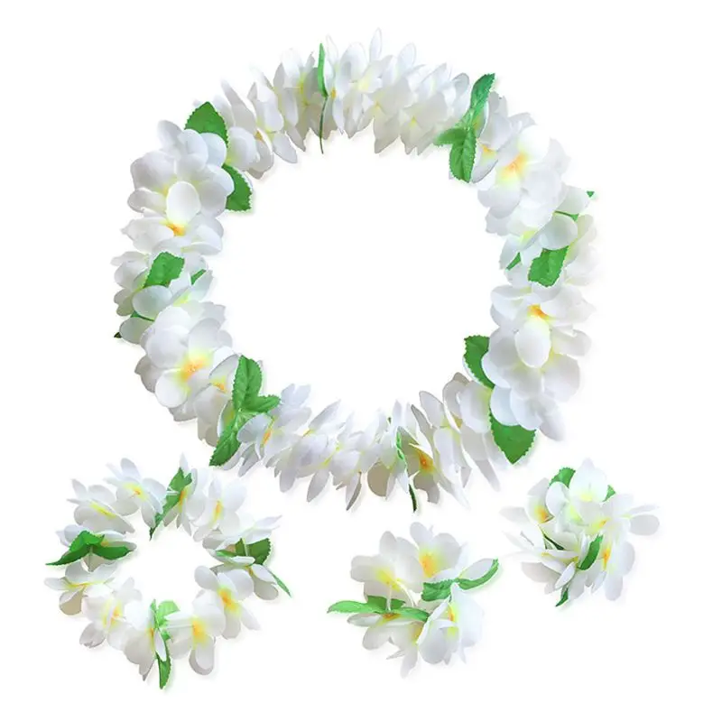 Hawaiian Elastic Artificial Flowers Necklace Headband Wristbands Set Contrast Colored Floral Leis Tropical Luau Party Decoration |