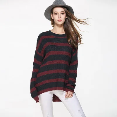 Осень-зима новые модели Европа США большой Размеры Для женщин с длинными рукавами вязаный свитер дамы CSS276 - Цвет: Red black stripe