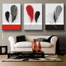 ФОТО 3 pcs/set still life feathers artist prints painting on canvas modern minimalism black red gray feather wall art home decor
