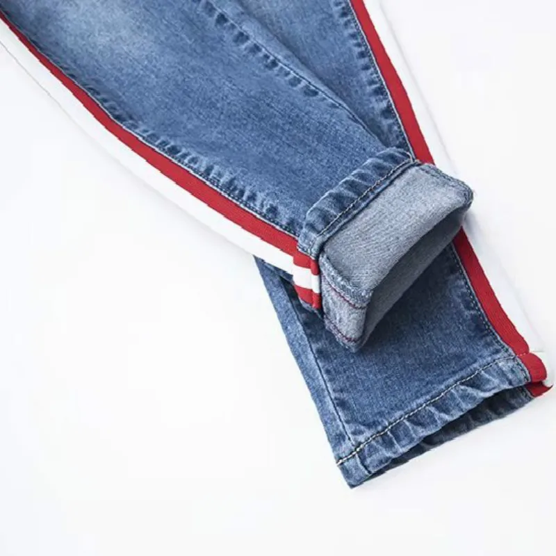 Ankle-Length High Waist Jeans Woman Side Striped Patchwork Skinny Jeans All Matched Casual Pants Brief Slim Winter Boots Jeans