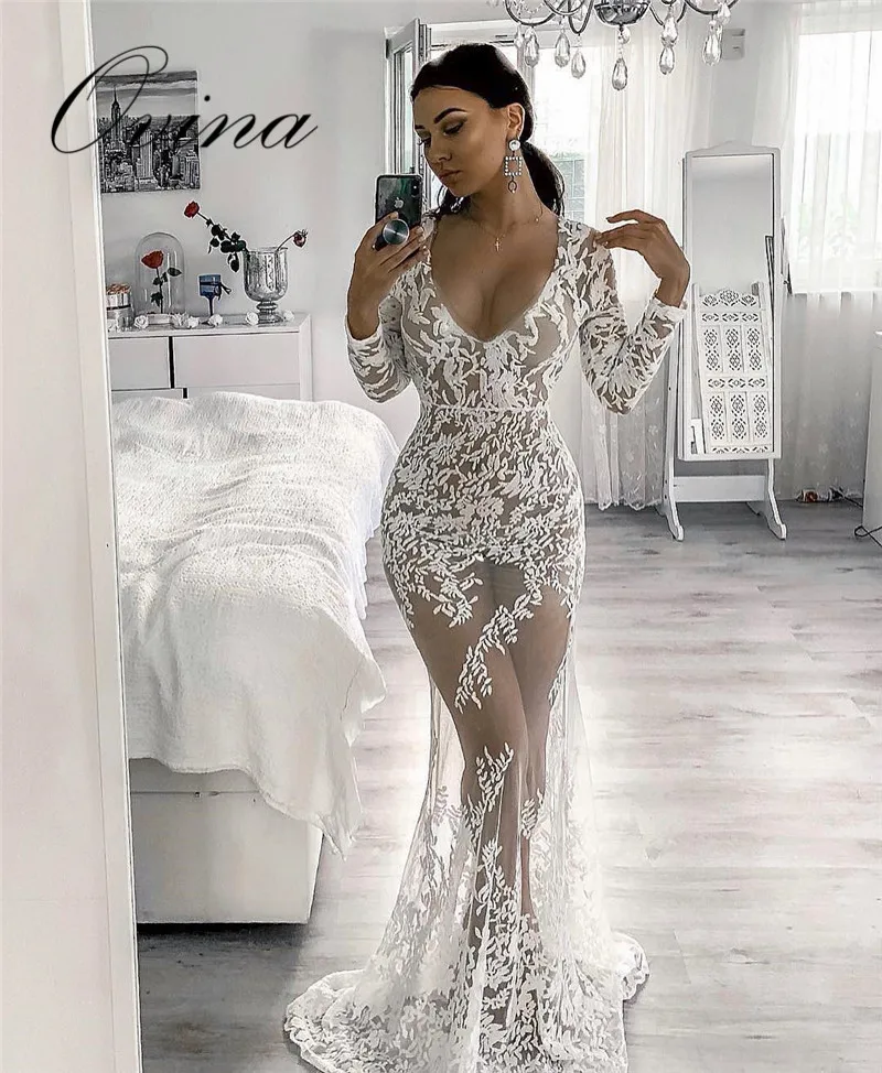

White Sexy V Neck Long Sleeve Lace Maxi Elegant Women Dresses Bandage Evening Party Dress
