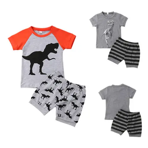 

Fashion Toddler Kids Baby Boy Dinosaur Stripe Tops T-shirt Cotton Striped Short Pants Outfit Clothes 2PCS