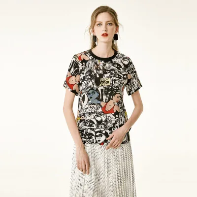 

Black and White Coloured Silk Short Sleeves Animation Printing of Silk T-shirt with Summer Style Round Neck in 2019