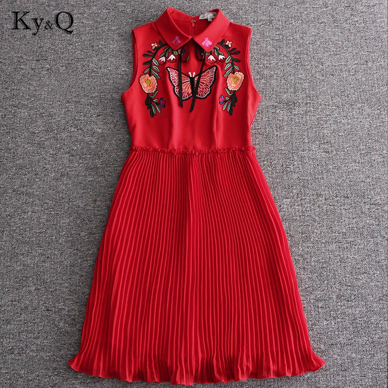 

2019 Runway Luxury Butterfly Embroidery Black Red Long Dresses Women Summer Sleeveless Pleated Dress Midi Female Party Clothes