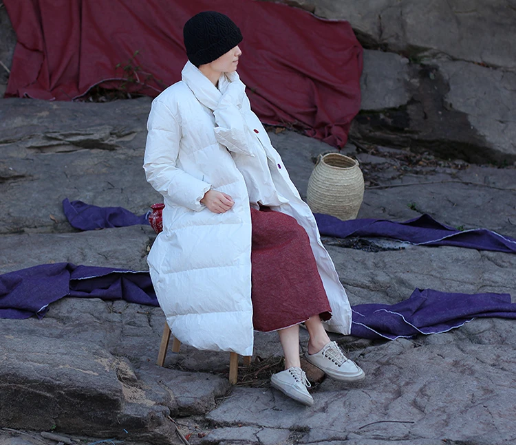 LinenAll, зимний плотный хлопковый белый длинный теплый пуховик с v-образным воротником, пальто с шарфом