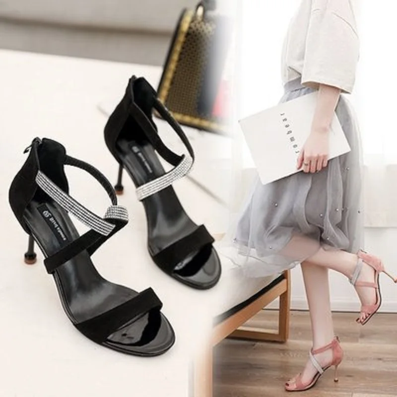 

2019 summer new rhinestone cross word open toe back zipper stiletto women's sandals