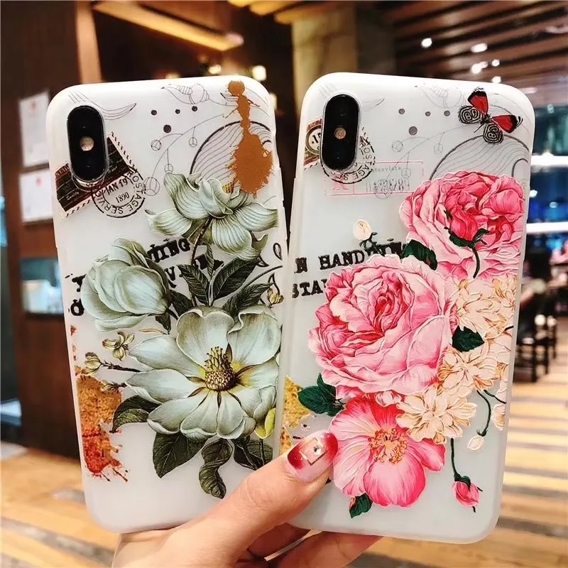 

Simple Emboss 3D Flower Silicone Phone Case For Apple iPhone 8 7 6 6S Plus Cases Floral Leaves Soft TPU Cover For iPhone X Shell