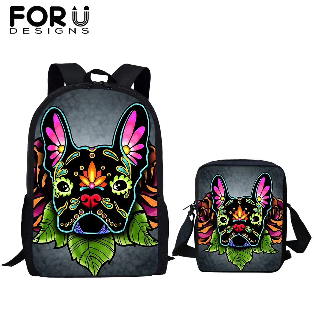 

FORUDESIGNS Day of the Dead French Bulldog Prints Kids 2 set/pcs Backpack Children School Book Bags For Girls Mochila Feminina