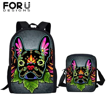 

FORUDESIGNS Day of the Dead French Bulldog Prints Kids 2 set/pcs Backpack Children School Book Bags For Girls Mochila Feminina