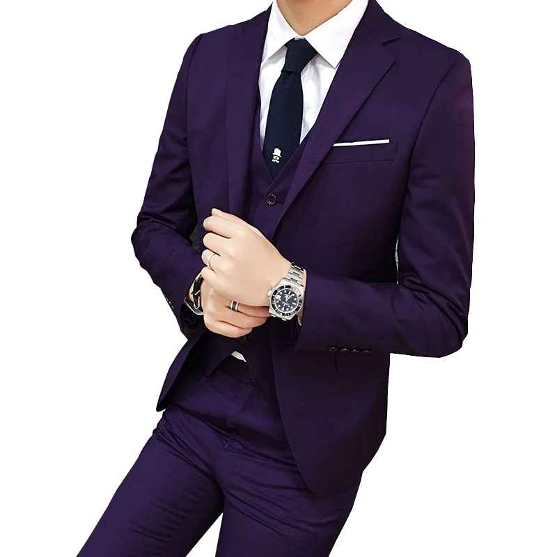 

( Jackets + Vest + Pants ) Men's Fashion Boutique Solid Color Formal Business Suit Three-piece Mens Groom Wedding Dress Suits