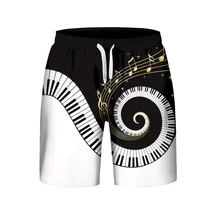 Summer men's fashion hip hop painted piano music notation 3D breathable polyester drawstring knee length loose shorts