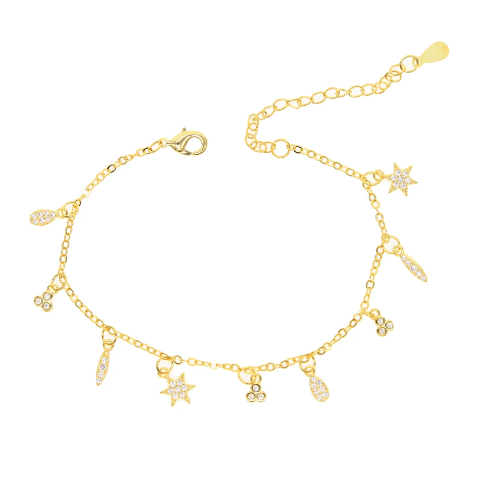 

Newsest fashion girl bracelet with moon star cz charm paved link chain bracelet with gold color plated wedding bracelet gift