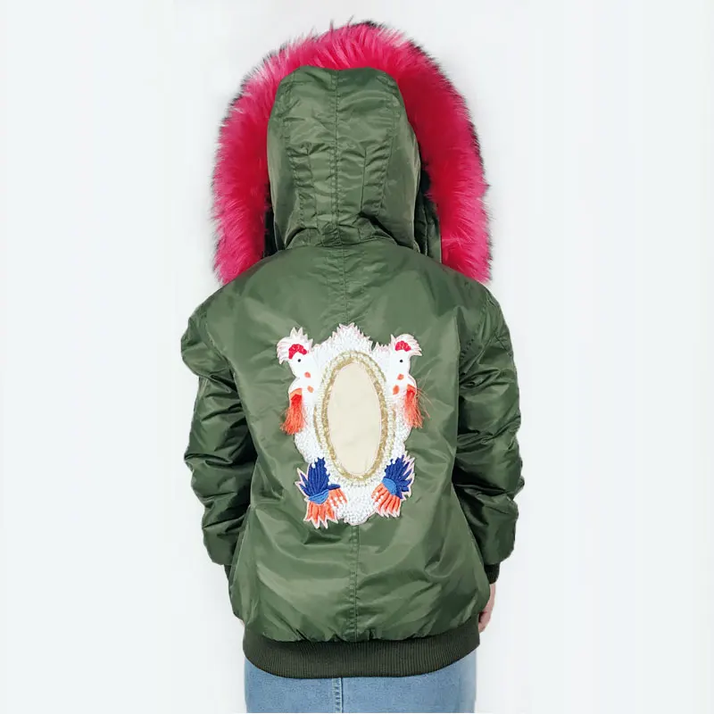 Bombardiers Armée L'intérieur Manteau D'hiver Bomber Fourrure Motif Artificielle Avec Rose À Veste Vert Grand Col Femmes dxCBoer
