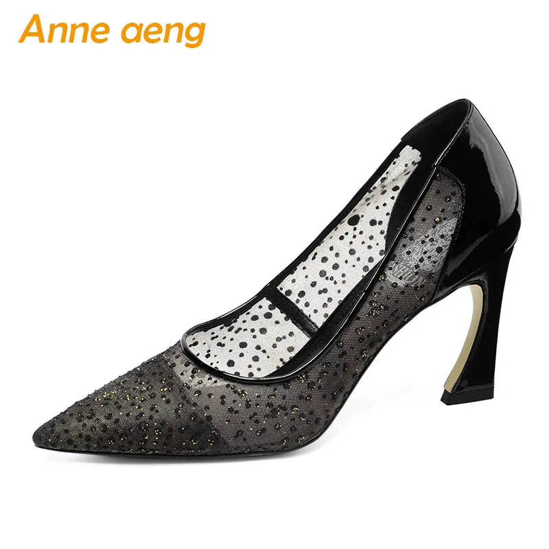 2019 New Genuine Leather Women Pumps High Square Heel Pointed Toe Shallow Crystal Sexy Ladies Women Shoes Black High Heels Pumps