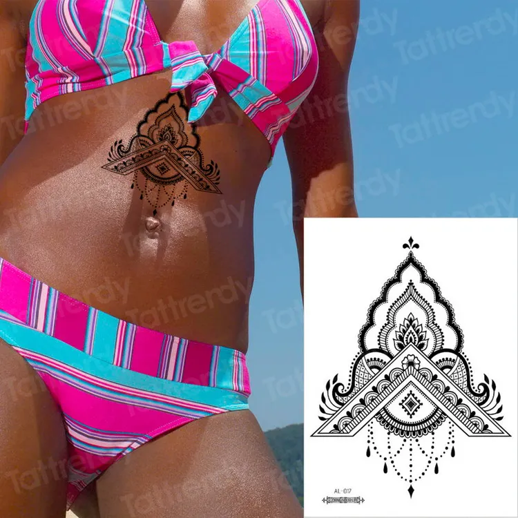 Водонепроницаемые Временные татуировки для женщин под татуировка на грудь Мандала Лотос эскиз цветок для росписи хной наклейки бикини сексуальные тату - Цвет: AL17