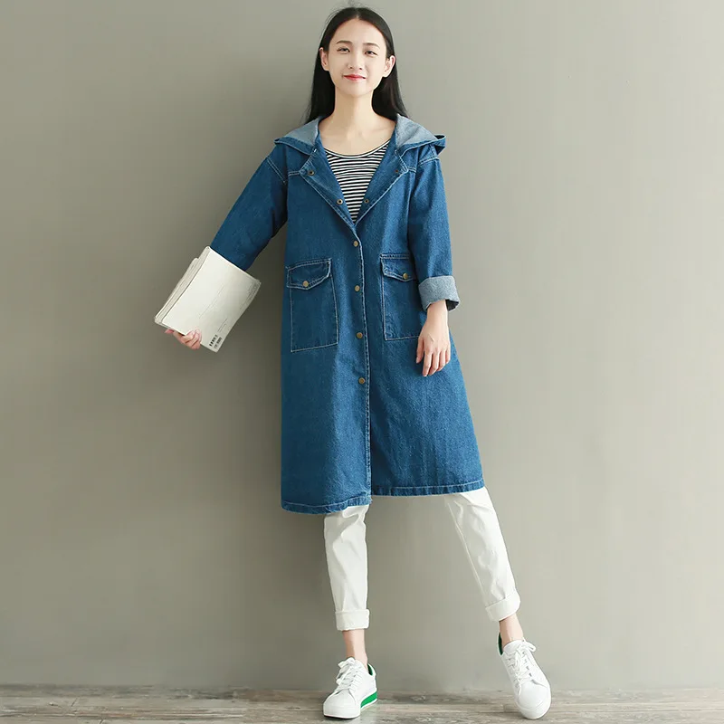 

V-Neck Hooded Ladies Long Windbreaker Single Breasted blue Designer Fall Coat Casual Loose Denim Trench Coat for Women