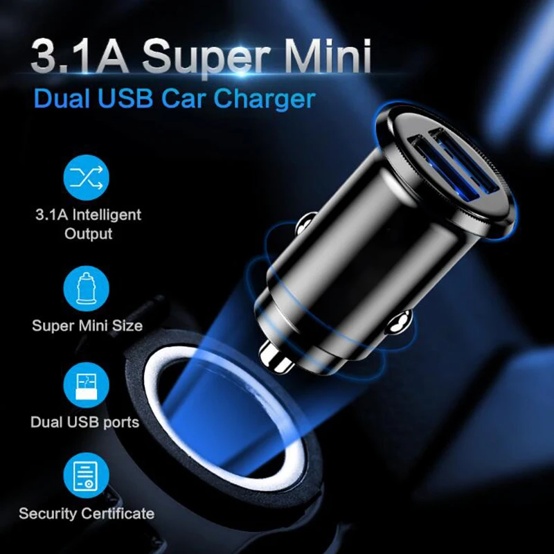 Car Charger For Mobile Phone 5V 3.1A Mini Fast Quick Charging Dual 2 USB Port Car Charger Adapter Black For Cell Phone Car Charger For Mobile Phone 5V 3.1A Mini Fast Quick Charging Dual 2 USB Port Car Charger Adapter Black For Cell Phone