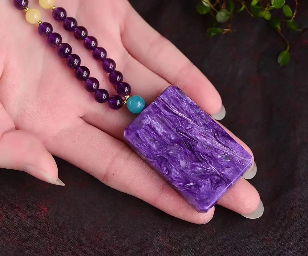 

Genuine Natural Purple Charoite Gemstone Rectangle Shape 44x29x8mm Women Pendant Beads Amethyst Beads Necklace AAAAAA