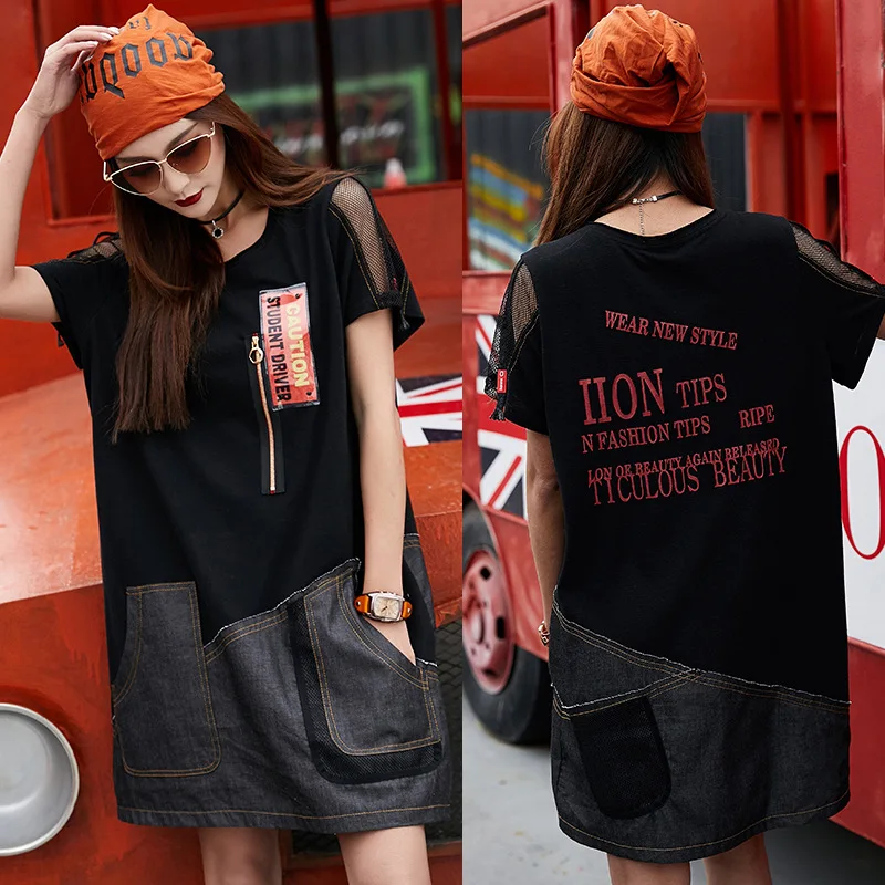 Punk Rock Jean shirt dress Mesh Sleeve Above Knee women dresses Short Sleeve 2019 Women Denim Pockets Vestidos Summer LT925S50