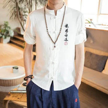 

2019 men's restoring ancient ways embroidery plate fastener flax 7 minutes of sleeve shirt collar leisure cotton shirt
