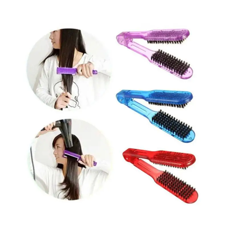 

Salon Style Hairdressing Bristle Hair Straightening Brush Double Clamp Comb