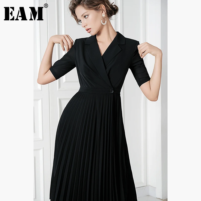 

[EAM] 2019 New Spring Summer Lapel Short Sleeve Black Pleated Split Joint Loose Temperament Dress Women Fashion Tide JW733