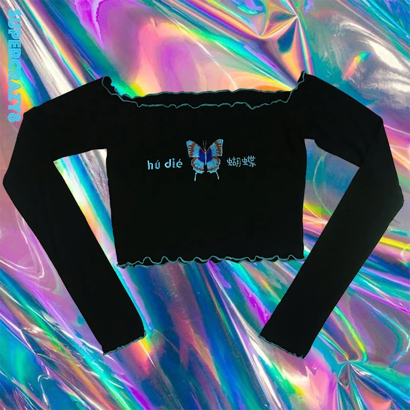 

2018 \\Bohemian Broadcloth Embroidery butterfly Short Cartoon Slash Neck T-shirts Harajuku