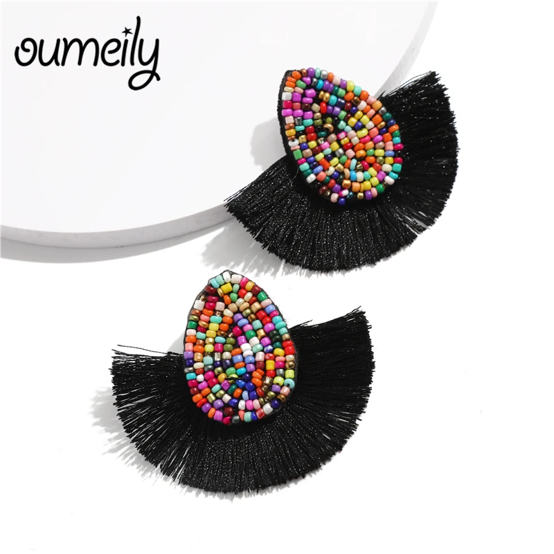 

OUMEILY Bohemian Beads Black Tassel Earrings for Women Vintage Jewelry Ethnic Wedding Statement Boho Fan Color Fringe Earrings