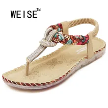 2017 New Exquisite Diamond Bohemian National Rhinestone Fashion Flat Shoes Women Sandals Large Size Casual Shoes Summers Sandals