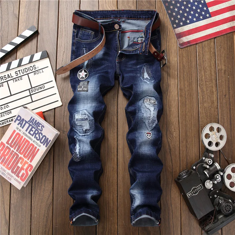 2017 Patchwork Badge Biekr Mens Jeans Pants Holes Men S Punk
