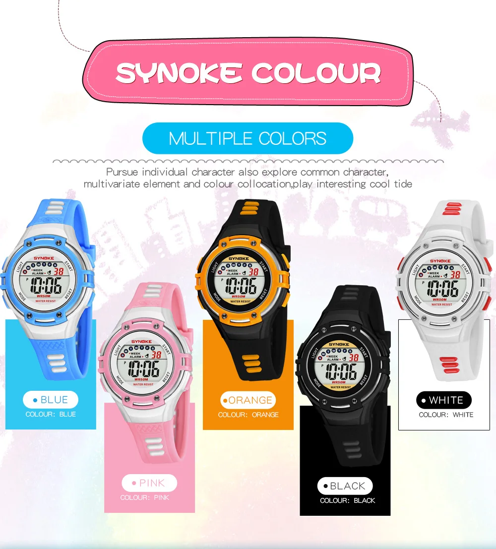 SYNOKE Clock Watches Girls Watches  Back Light Alarm 50m Waterproof Sport Watch for Children LED Display Kids Digital Watch Boys