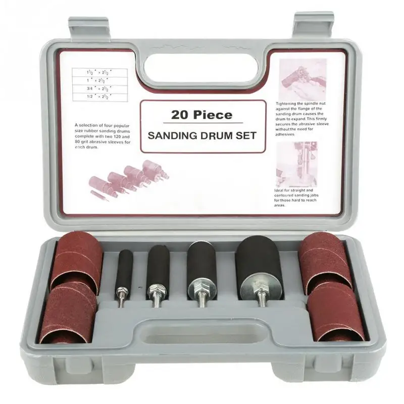 20pcs/set Spindle Sanding Drum Sander Tool Kit Set with Case for Drill