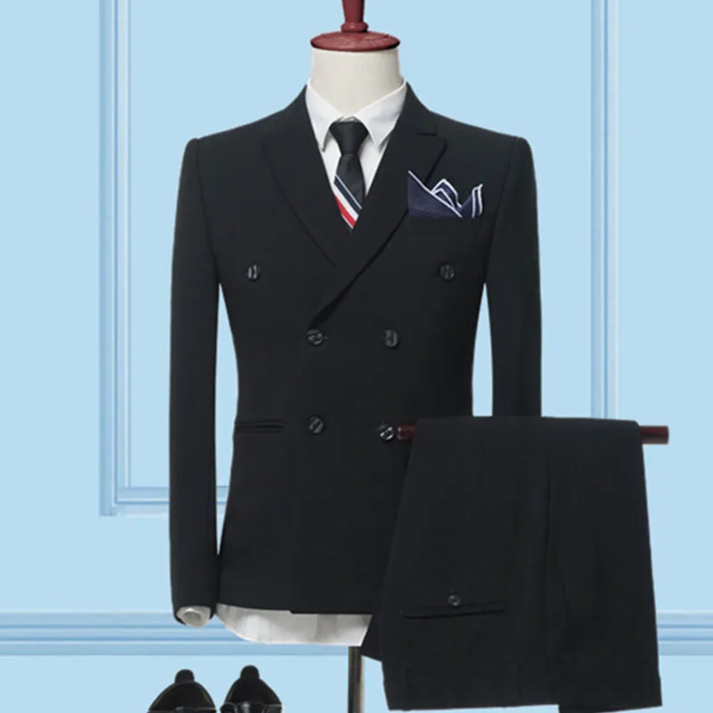 Блейзеры+ брюки/ модные новые мужские повседневные двойные приталенные пиджаки/мужские деловые однотонные костюмы куртка пальто брюки - Цвет: Черный