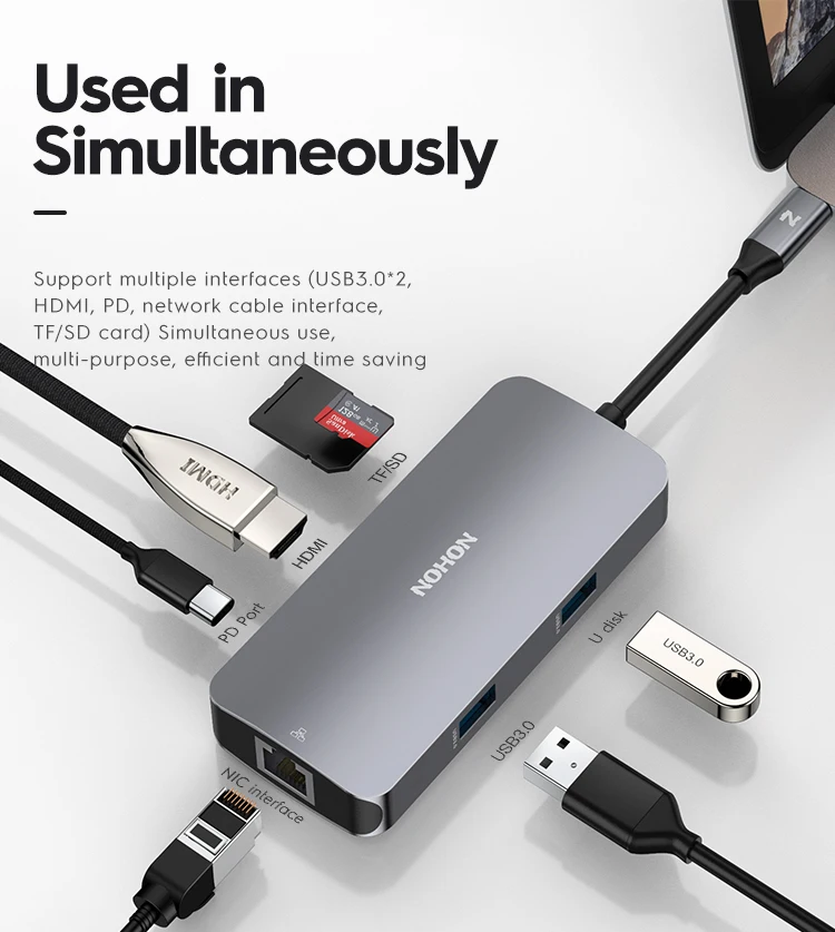 Nohon USB C HUB To RJ45 TF HDMI Thunderbolt 3 Adapter For MacBook Samsung Galaxy S9 Huawei P20 Mate 20 Pro Type C PD USB 3.0 HUB Laptop Mobile Phone Adapter Details (02)