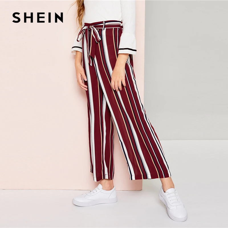 SHEIN/Детские элегантные штаны в полоску с поясом и широкими штанинами для девочек; детская одежда; коллекция года; весенние брюки с эластичной резинкой на талии; повседневные штаны