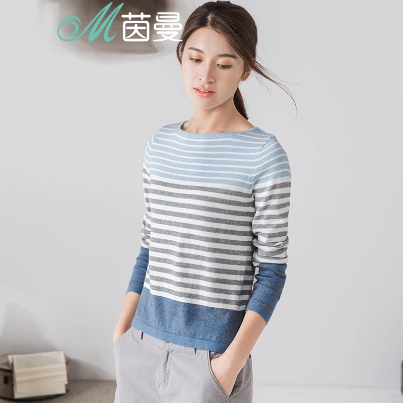 Comprar INMAN mujeres 2019 primavera otoño nuevo todo fósforo Casual cuello redondo Jersey a rayas suéter de manga larga de Otoño de punto