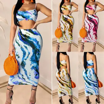 

Stylish 2019 Women Sling Sleeveless Bustier Dye Crop Top and High Waist Long Skirt Party Ball Sllinky Set Three Colors S-XL