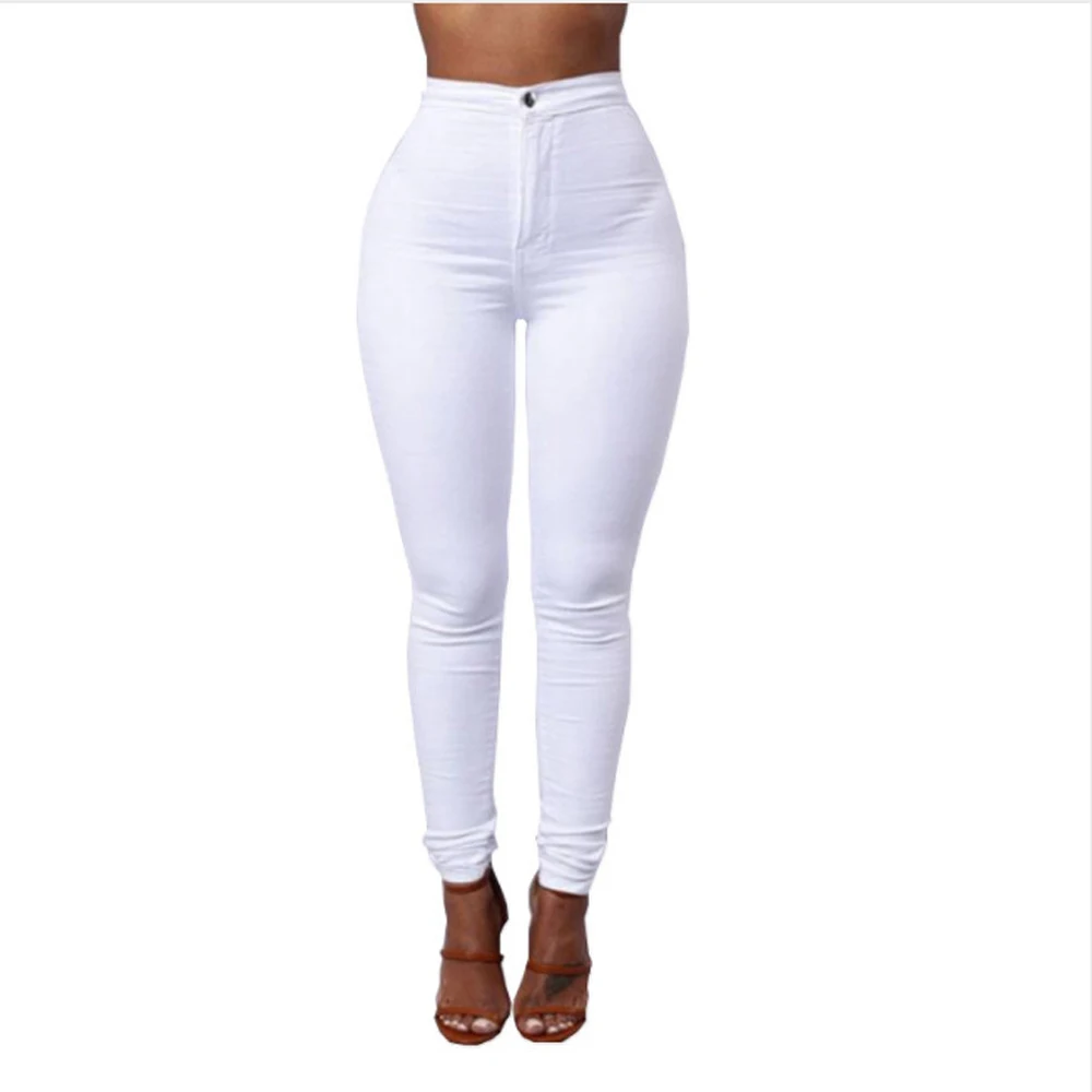 

Full Length Cotton Pants Woman Regular White Black High Waist Elastic Faux Jeans Long Pants Female Casual Pencil Pants S-XXXL